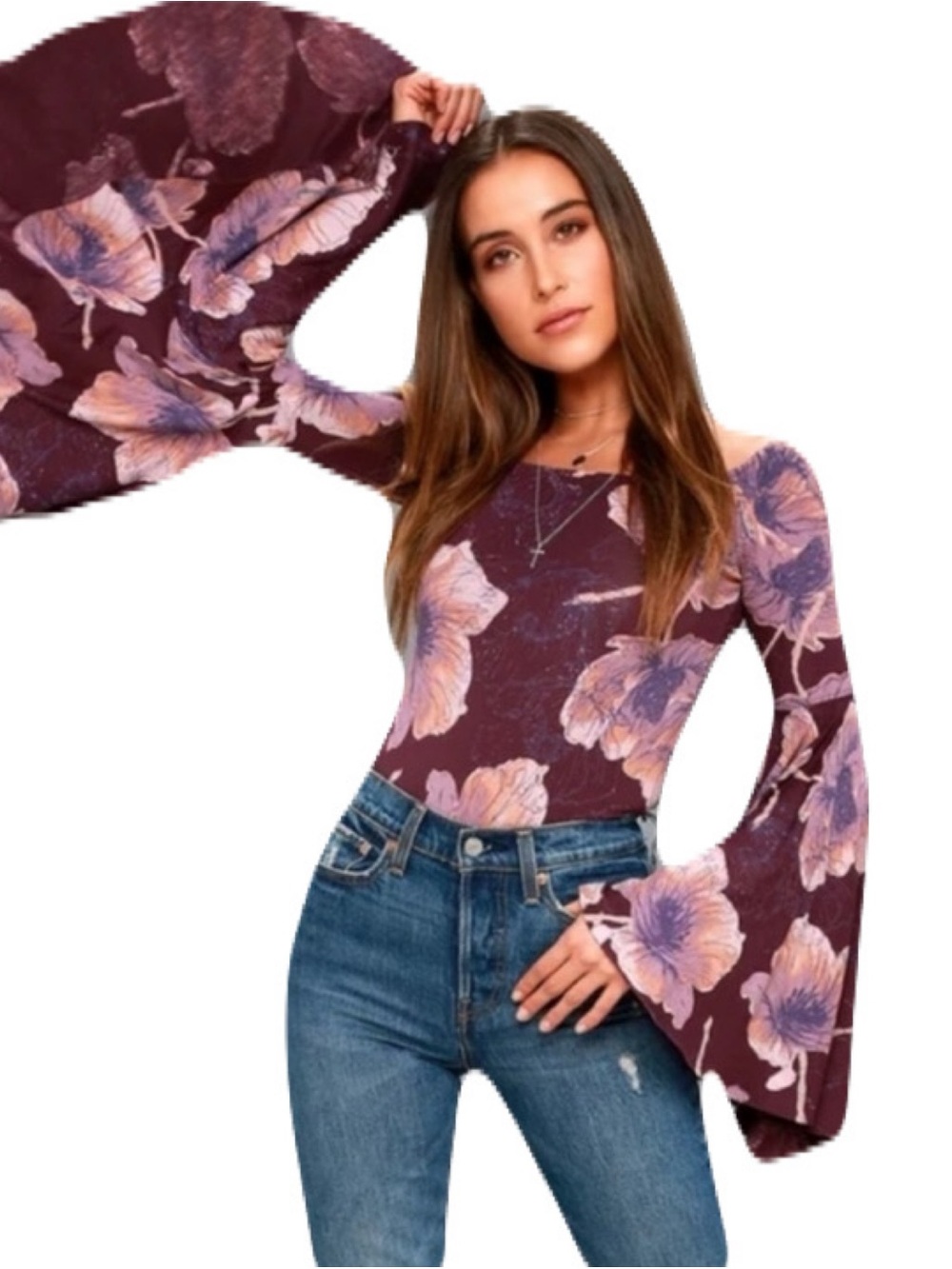NEW We The Free Large Birds of Paradise Floral Dramatic Bell-Sleeve Top Mulberry